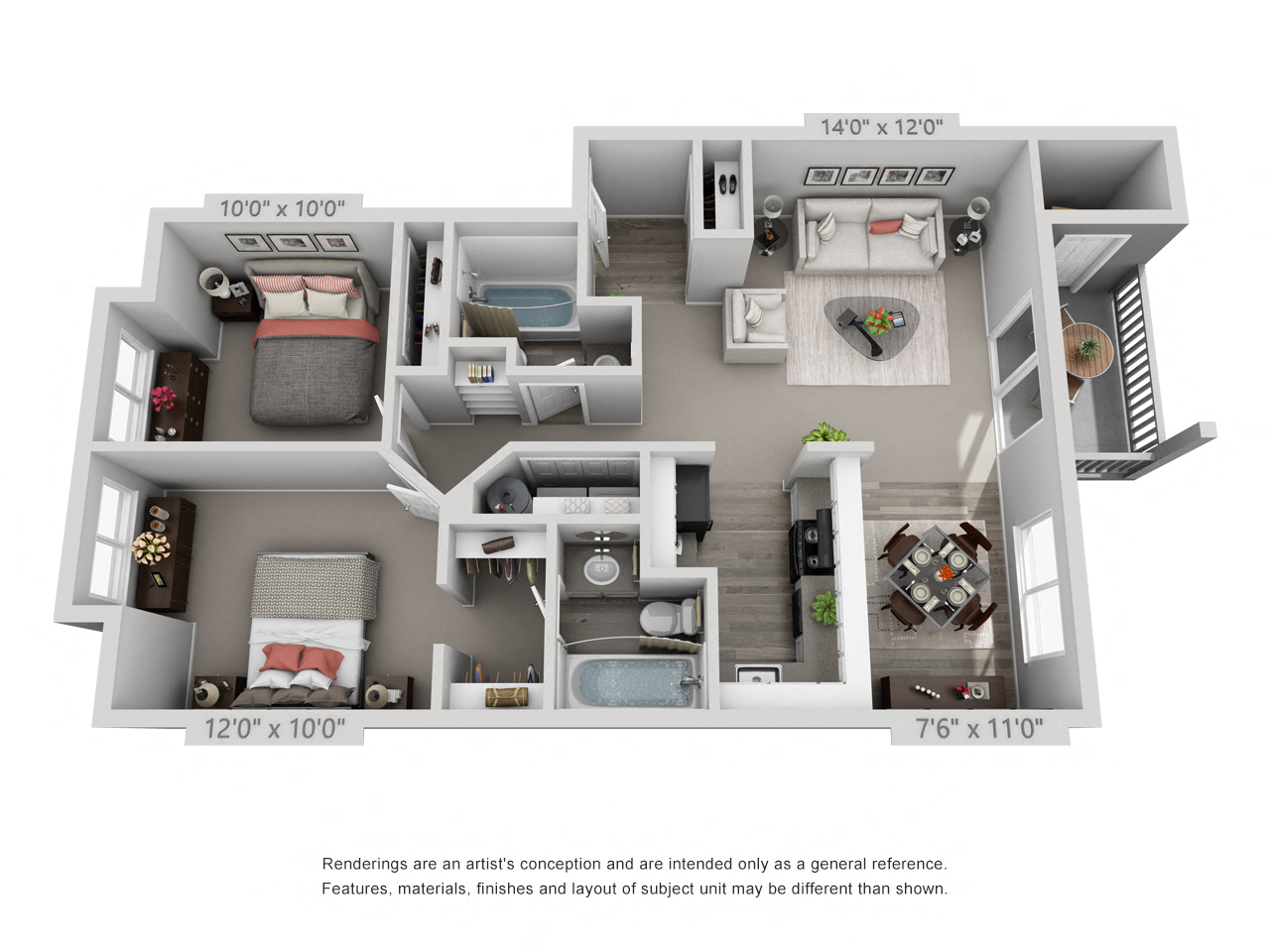 Floor plan for 2 beds, 2 baths, 966 sqft